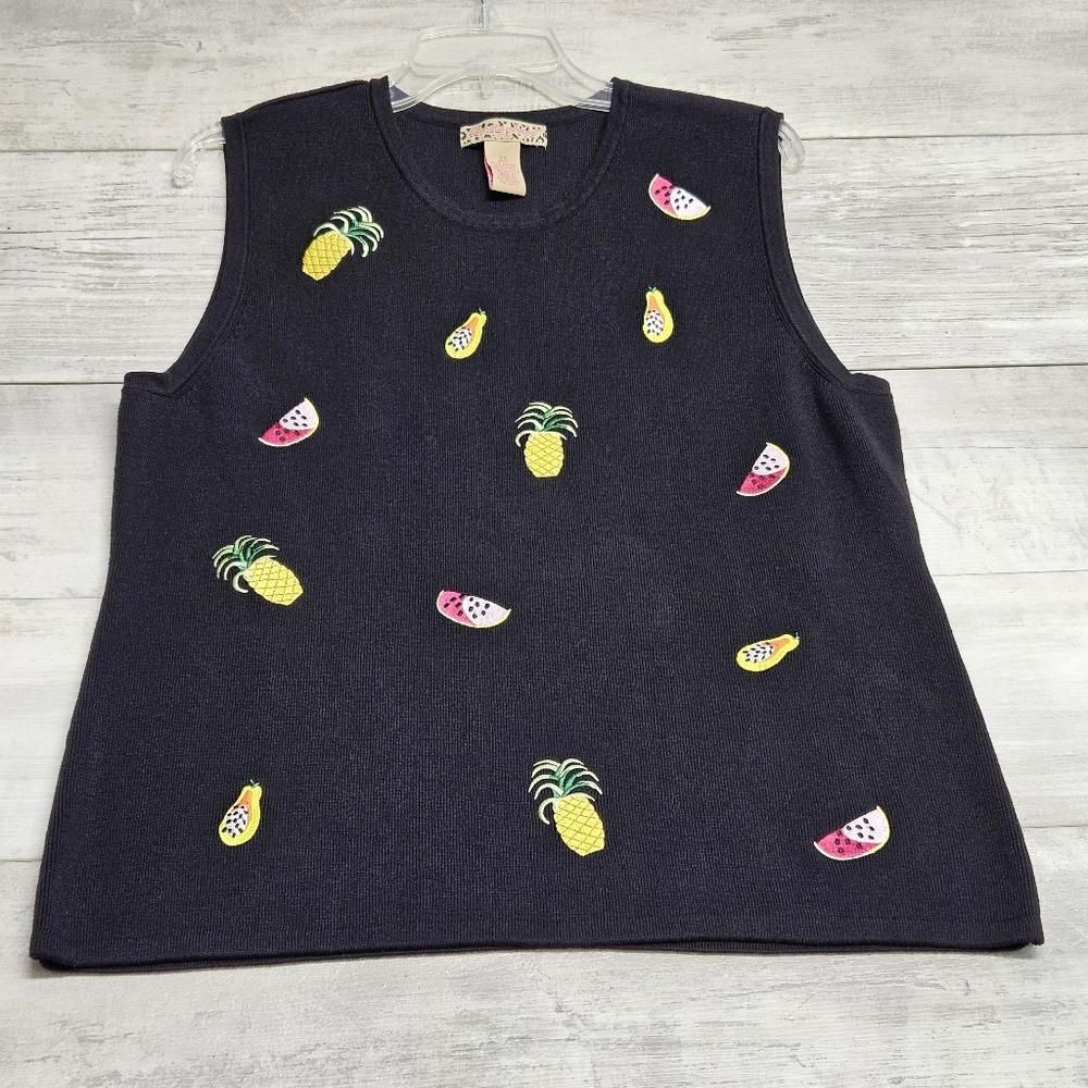Lily Stanhope Women Plus 2X Black Cotton Embroidered Fruit Sweater Vest Tank Top